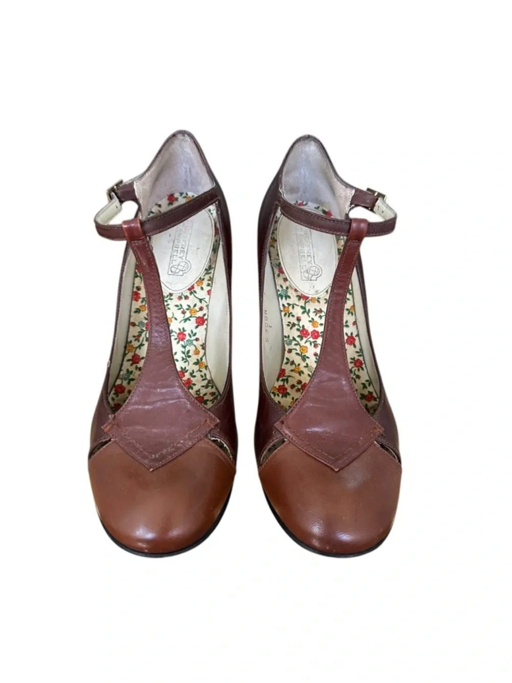 JEFFREY CAMPBELL Brown Leather T-Strap Heels Vintage-Inspired Mary Jane‎ Pumps 7